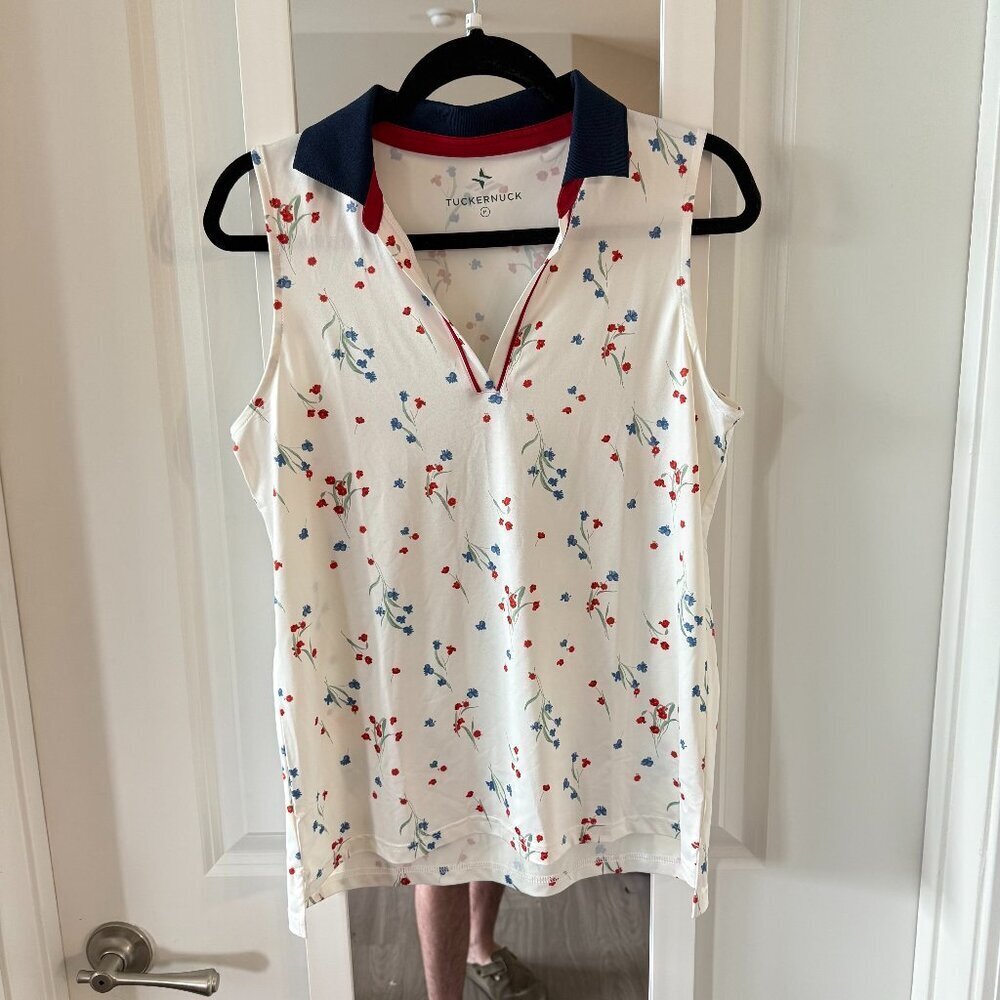 Tuckernuck Athletic Floral Blouse Size Medium Color White Red Blue - Picture 1 of 5